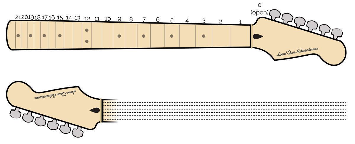 A neck with the frets labelled and tablature on a neck
