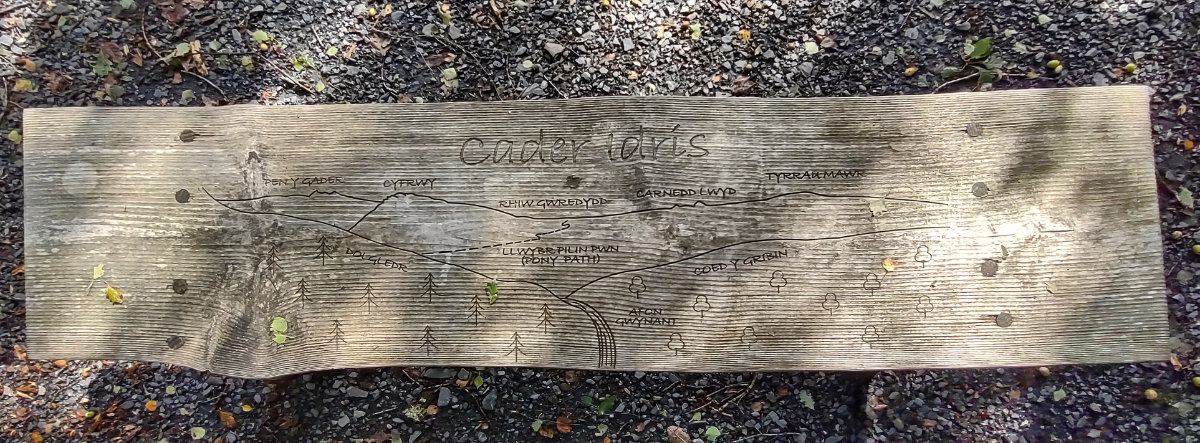 Cader Idris range carving on bench