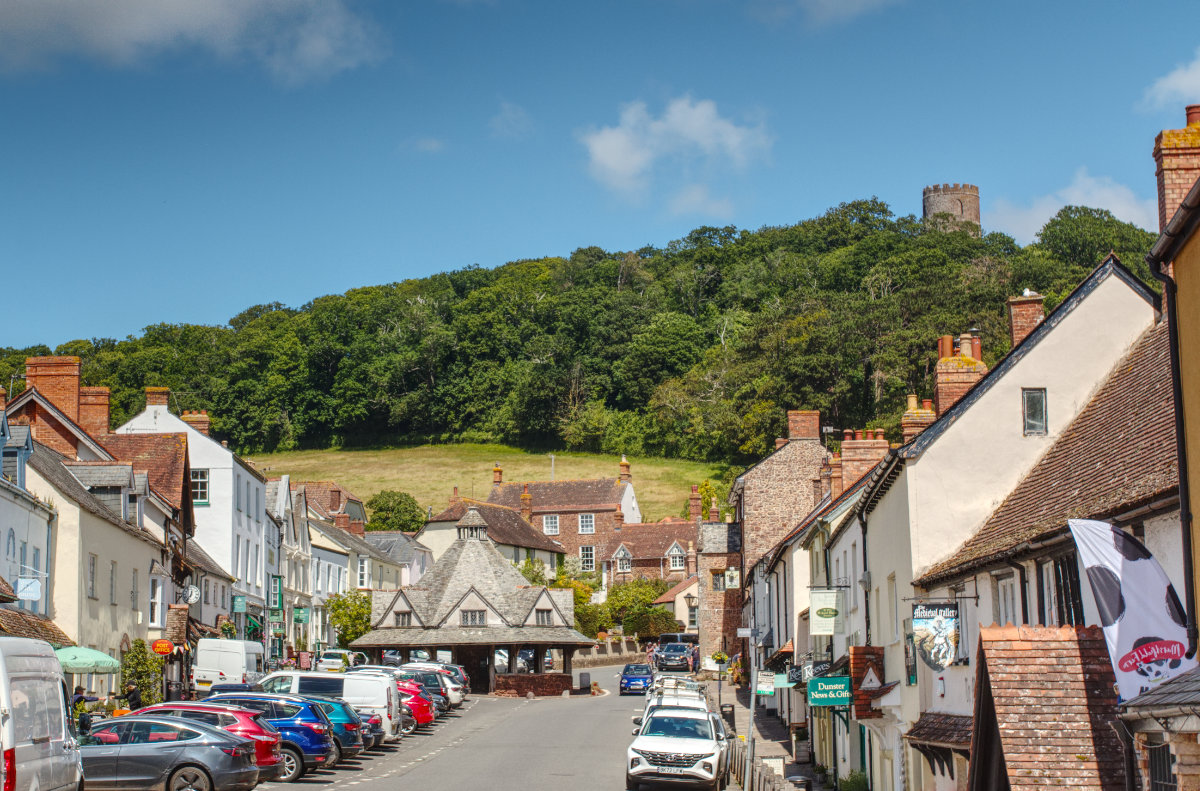 The view up the town, towards Dunster Yarn market and Conygar Tower The view up the town, towards Dunster Yarn market and Conygar Tower