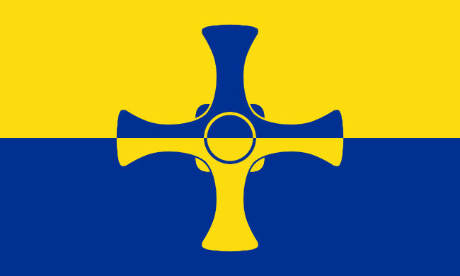 A yellow and blue flag, with a cross in the center that follows the inverse colour to the background