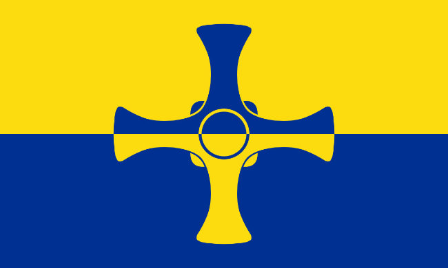 A yellow and blue flag, with a cross in the center that follows the inverse colour to the background