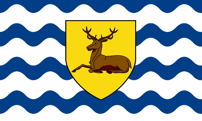 A blue flag with white waves across, infront is a gold shield bearing a resting deer