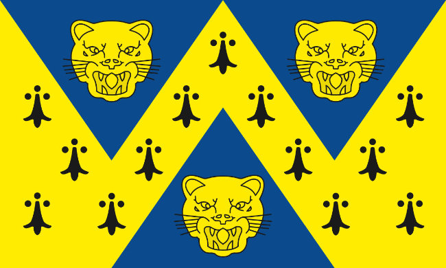 Three yellow leopard faces on a blue flag, with a yellow W-shape with a repeating black pattern