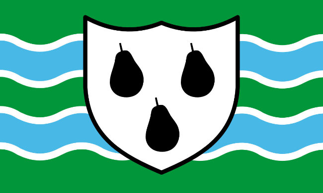 A green flag with blue and white waves behind a shield. The shield is white and contains 3 black pears