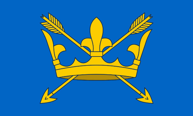 A blue flag with a gold crown, two arrows are crossed behind the crown