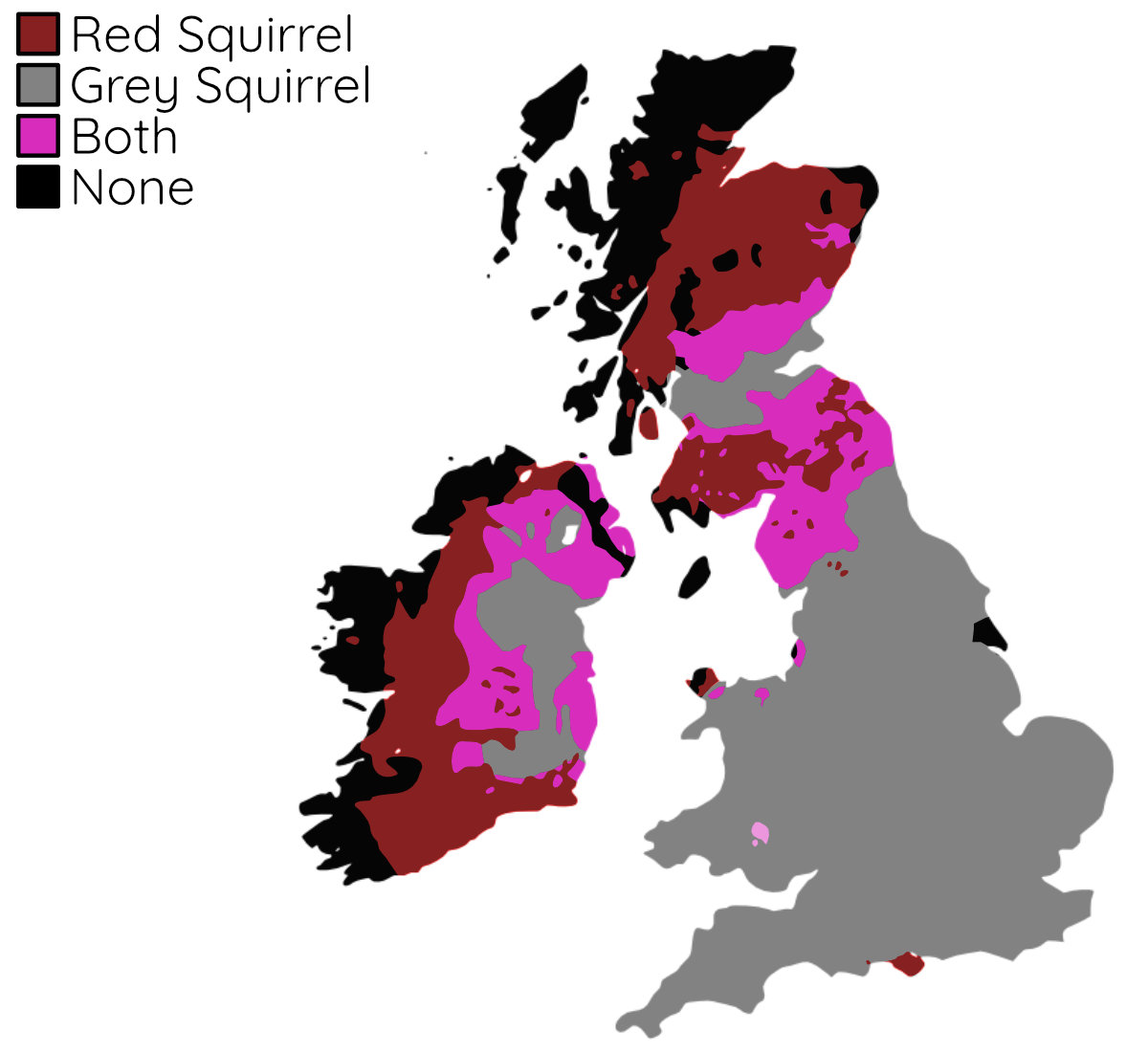 A map roughly showing the boundaries of red vs grey squirrels