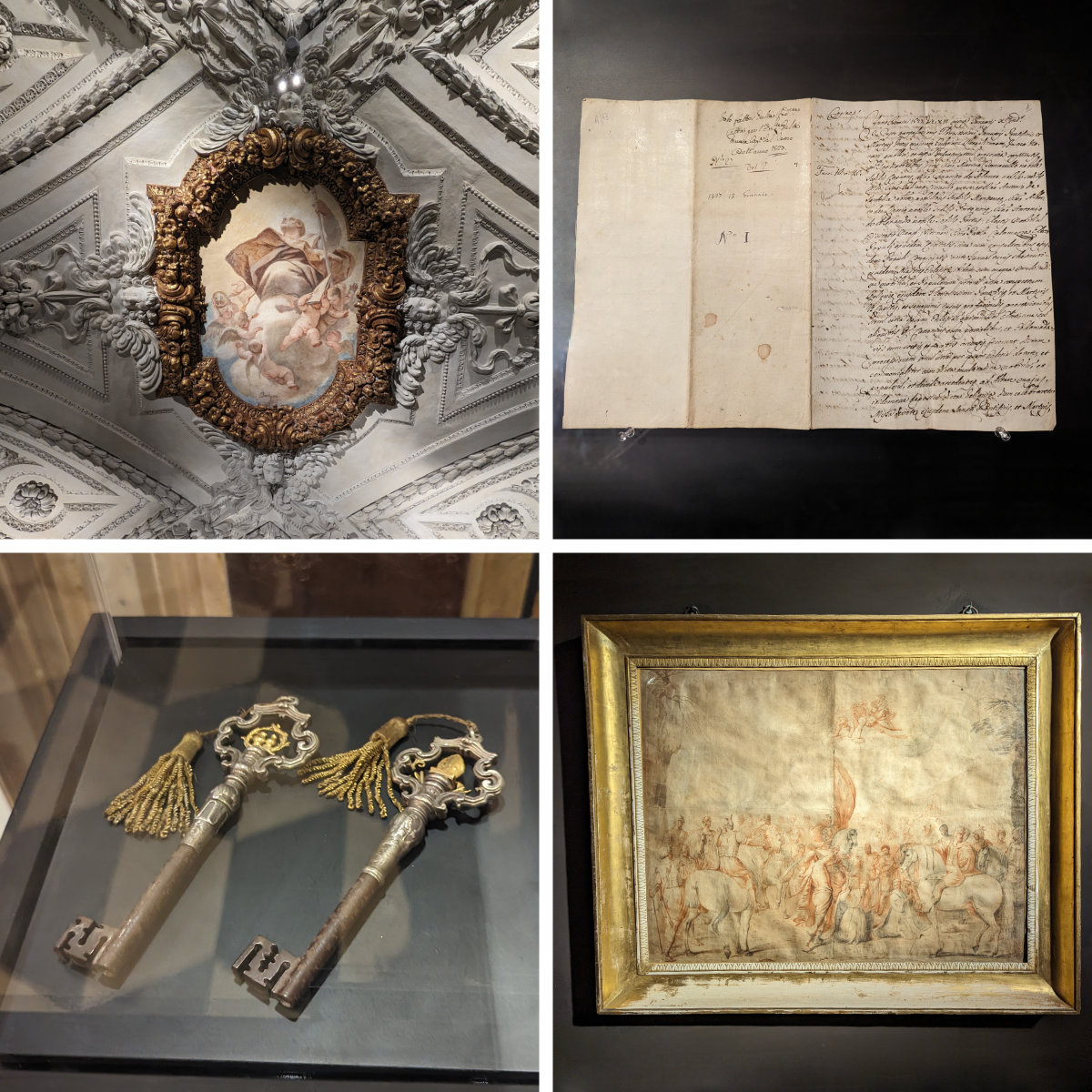 Clockwise from top left: ceiling of cappella di Luca Giordano, Voto della citta di Napoli, reliquary keys, Decollazione di San Gennaro e dei Compagni alla Solfatara