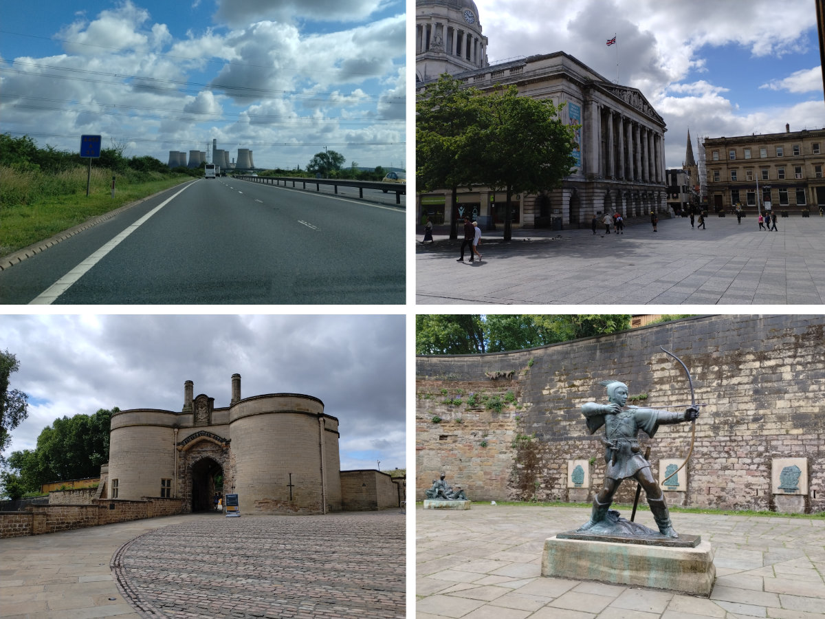 Early adventures around Nottingham - Clockwise from top left: Passing Ratcliffe-on-Soar Power Station, Old Market Square, Robin Hood Statue and the Castle Gatehouse
