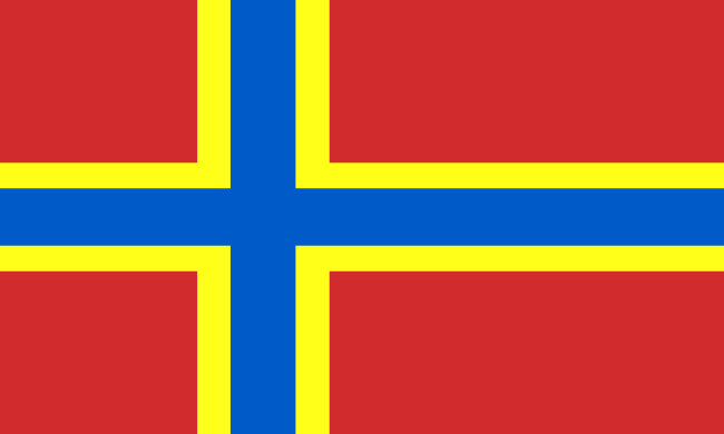 Red, with a blue Nordic Cross outlined in yellow