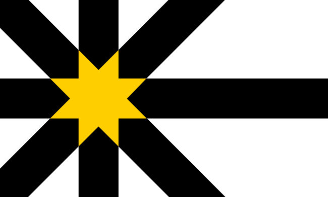 A black nordic cross on white with an 8 pointed gold star inside