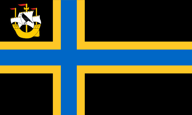 A blue Nordic cross, bordered in yellow on black. Galleon in top left