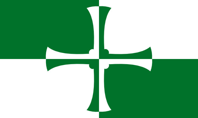Green and white cross of St Cuthbert on a green and white background