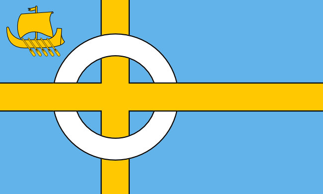 Yellow Scandinavian cross with a white ring on a light blue background. Boat with oars in top left