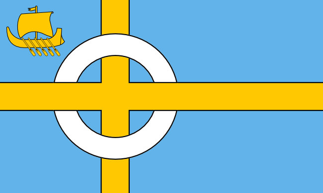 Yellow Scandinavian cross with a white ring on a light blue background. Boat with oars in top left